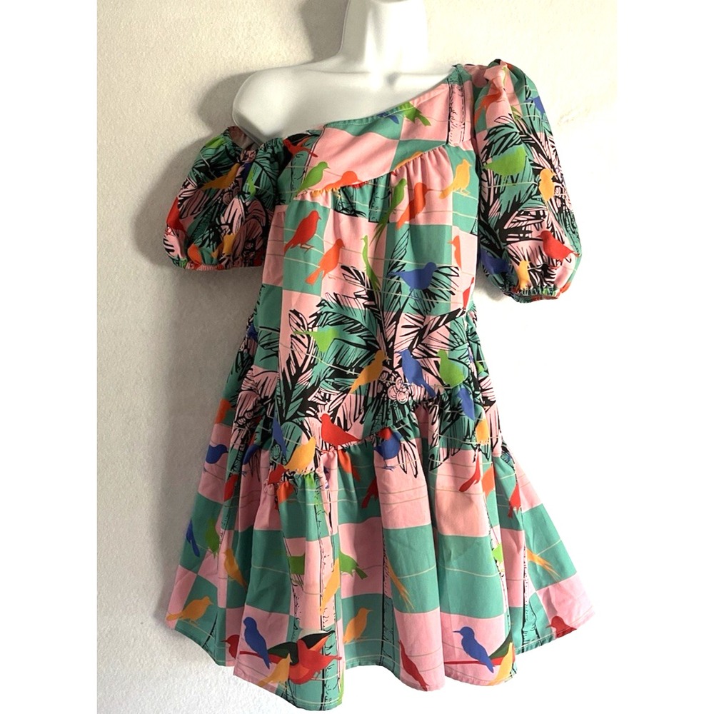 Maximalist Pink Teal Check Palm Tree Bird Print Mini Puff Sleeve Dress XS Resort